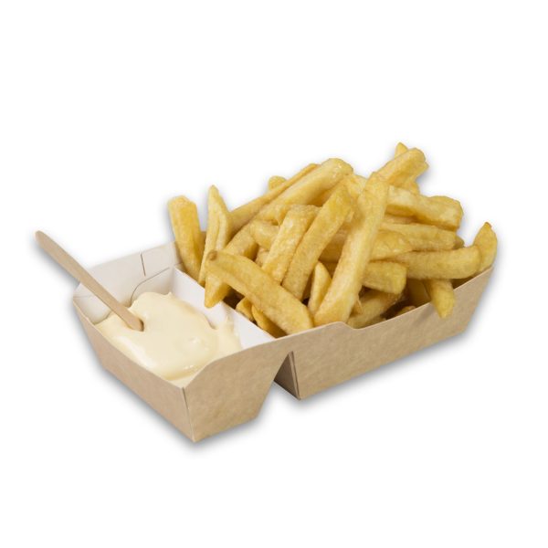 Kraft karton frietbakjes met sausvak small 90x70x35 mm snackverpakking klein